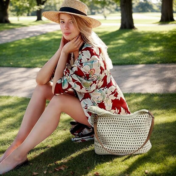 Women's Beige - Boho Woven Tote Purse For Vacation Crochet Beach Shoulder Bag - Picture 6 of 8